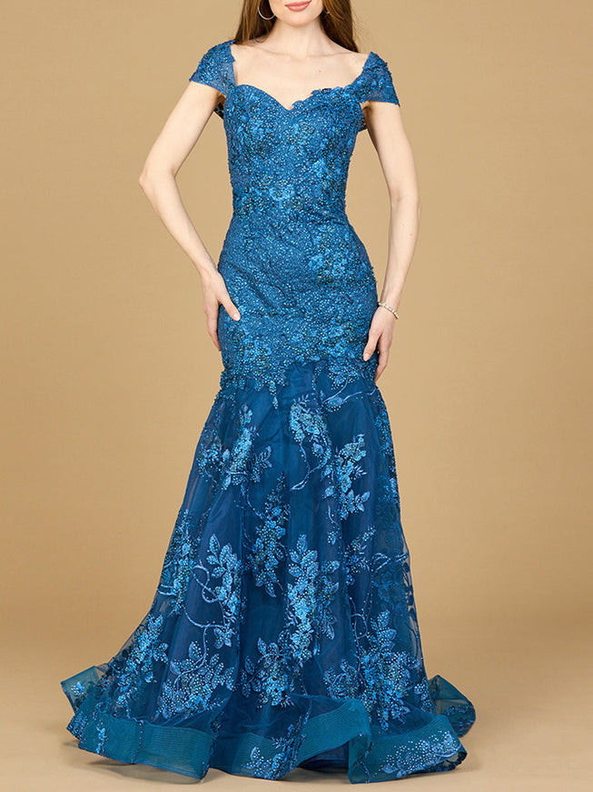 Lara 29642 - Cap Sleeve Mermaid Gown Peacock Blue