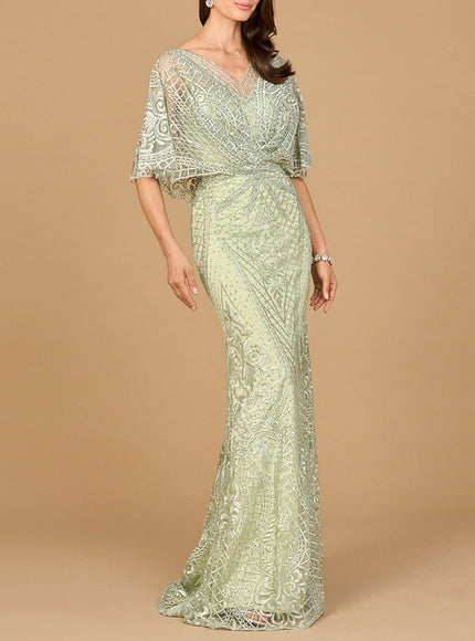 Lara 29673 - Cape Sleeve Mermaid Gown Pistachio