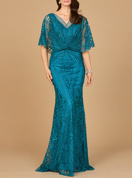 Lara 29673 - Cape Sleeve Mermaid Gown Teal