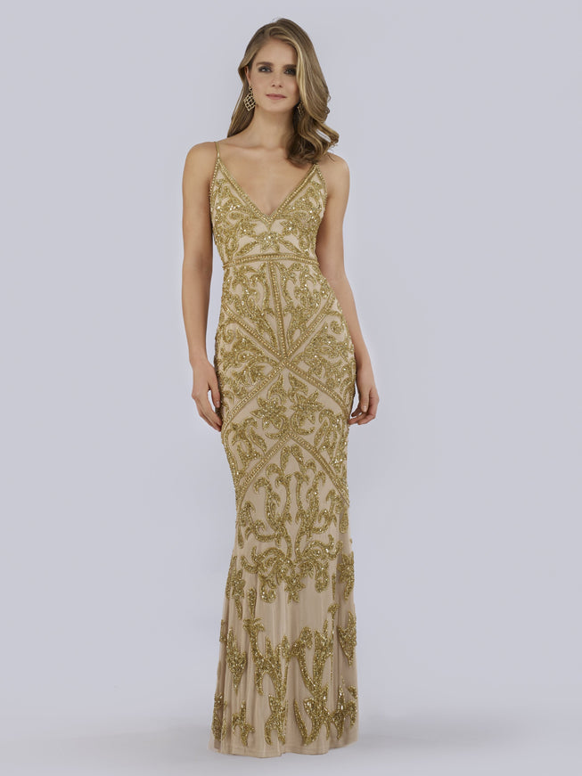 Lara 29744 - Spaghetti Strap Beaded Dress Gold