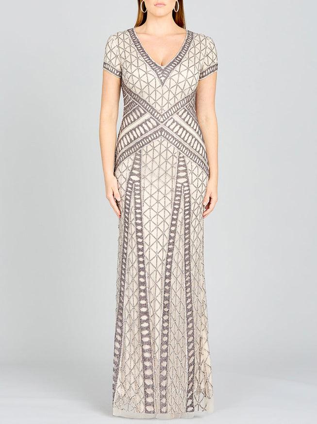 Lara 29746 - Beaded V-Neckline Dress with Cap Sleeves