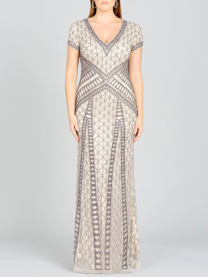 Lara New York 29746 Beaded V-Neckline Dress with Cap Sleeves