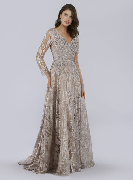 Lara 29753 - Long Sleeves Beaded Ballgown Stone