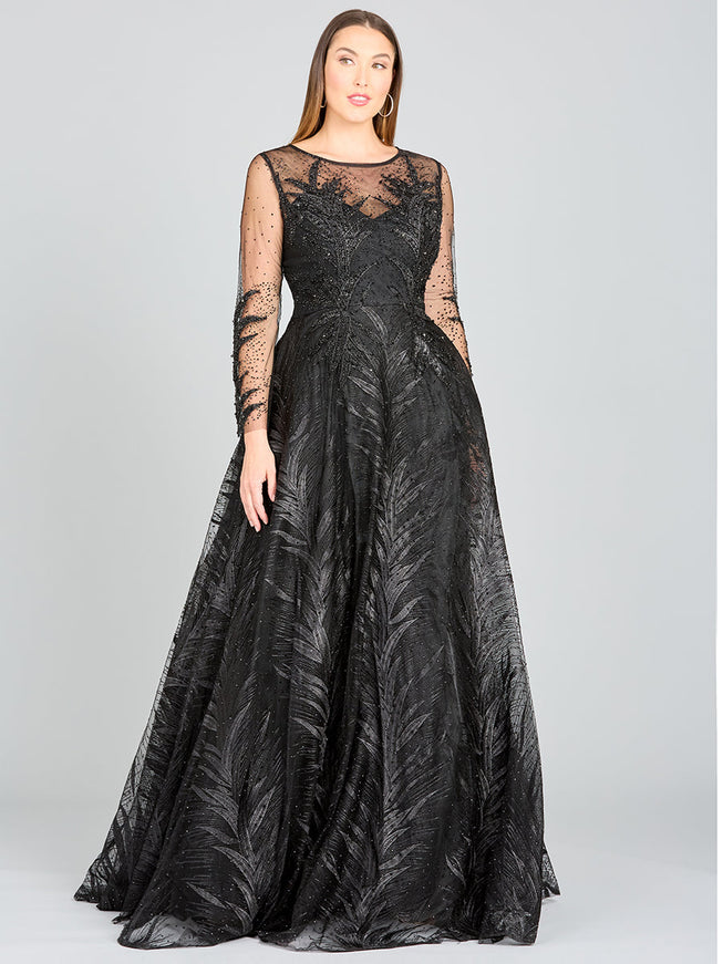 Lara 29761 - High Neck Sheer Long Sleeve Embellished Gown Black