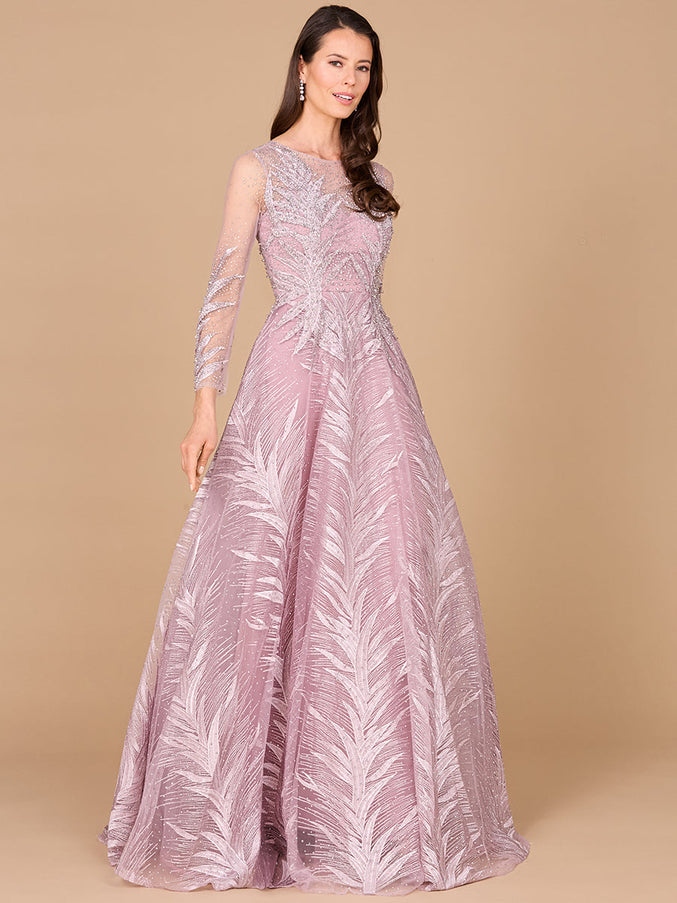 Lara 29761 - High Neck Sheer Long Sleeve Embellished Gown Mauve