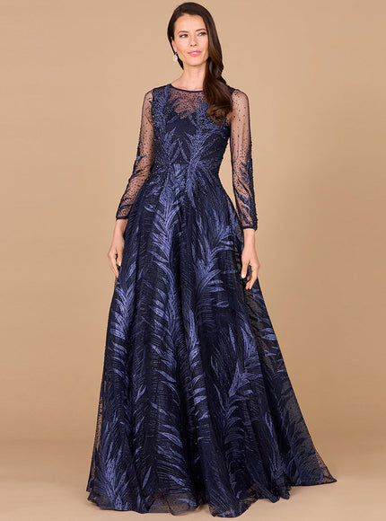 Lara 29761 - High Neck Sheer Long Sleeve Embellished Gown Navy