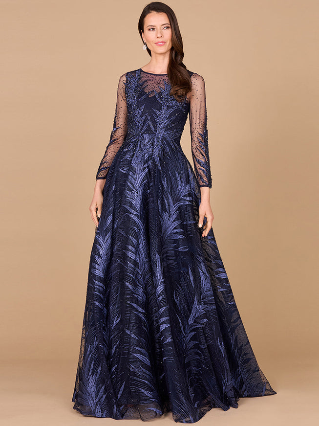 Lara 29761 - High Neck Sheer Long Sleeve Embellished Gown Navy