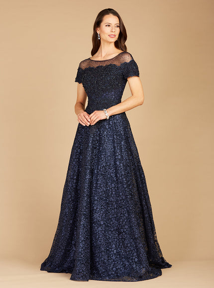 Lara 29765 - Sheer Off Shoulder Ball Gown Navy