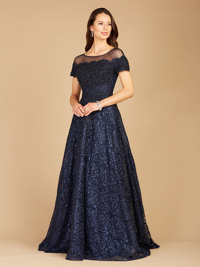 Lara New York 29765 Sheer Off Shoulder Ball Gown Navy