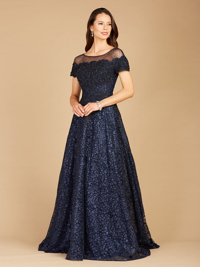 Lara New York 29765 Sheer Off Shoulder Ball Gown Navy