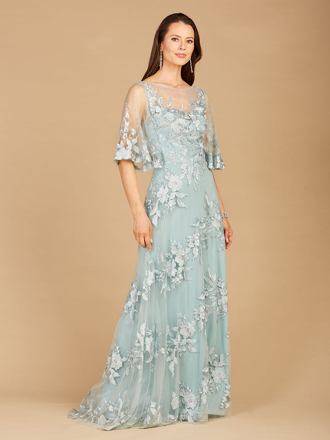 Lara New York 29772 Cape Sleeves A-Line Lace Gown Dusk