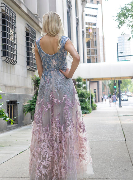 Lara 29783 - Cap Sleeves Feather Detail Ballgown