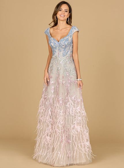Lara 29783 - Cap Sleeves Feather Detail Ballgown Multi