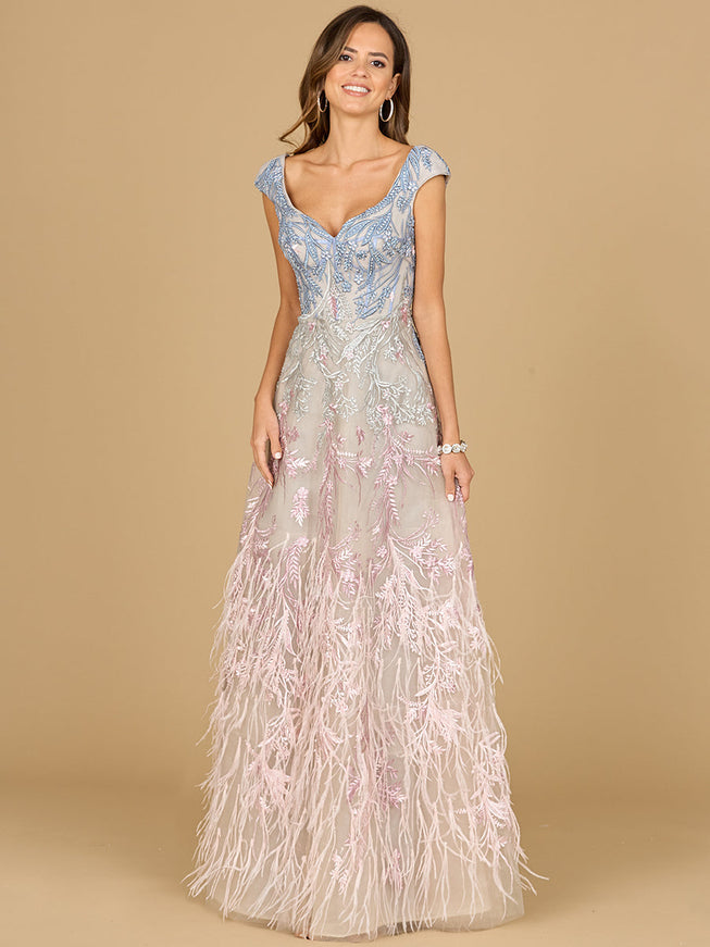 Lara 29783 - Cap Sleeves Feather Detail Ballgown Multi