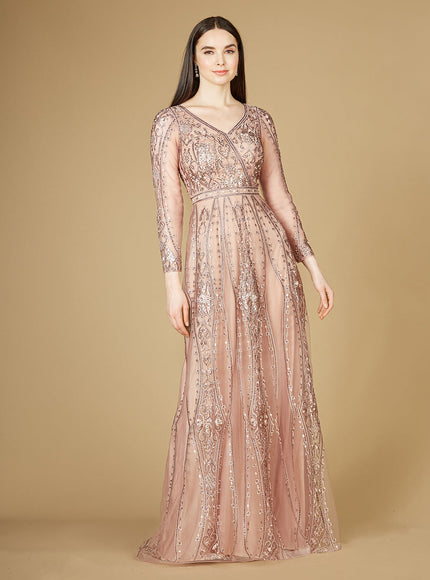 Lara 29788 - Long Illusion Sleeves, A-line Long Gown Mauve
