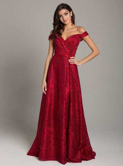 Tonal Beaded Off Shoulder Ballgown Dark Red
