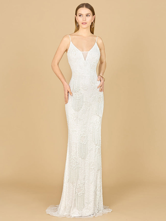 Lara New York 29892 Danika Floral Beaded Sheath Beaded Dress with Beaded Fringe