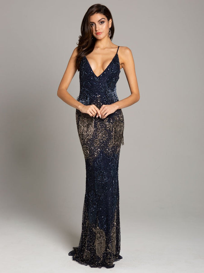 Lara New York 29892 Danika Floral Beaded Sheath Beaded Dress with Beaded Fringe Navy