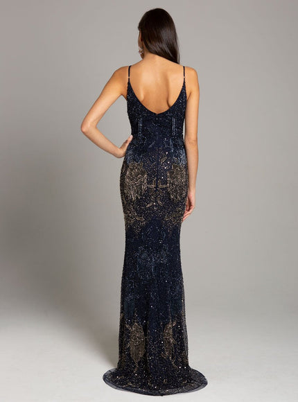 Lara Danika Floral Beaded Sheath Beaded Dress with Beaded Fringe