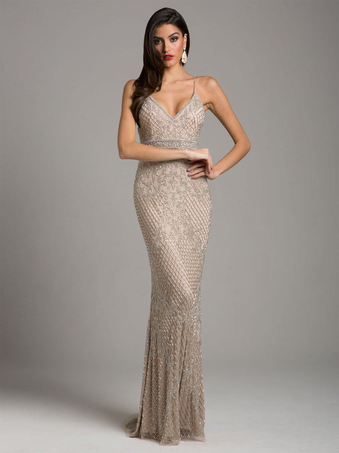 Lara New York 29904 Body Con V-Neck Beaded Dress Nude Silver