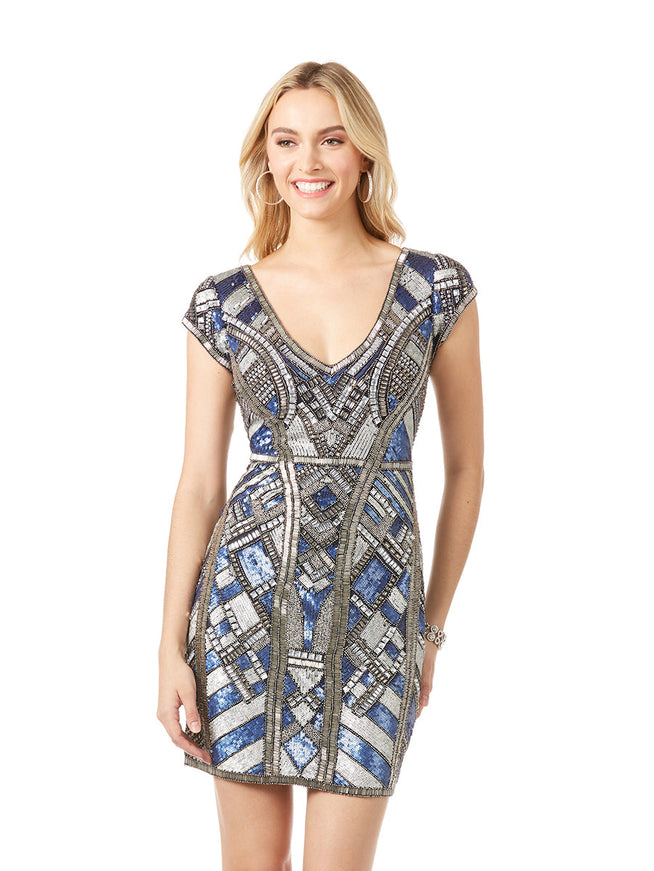 Lara 29909 - Beaded, V-neck Mini Dress Navy Silver 0