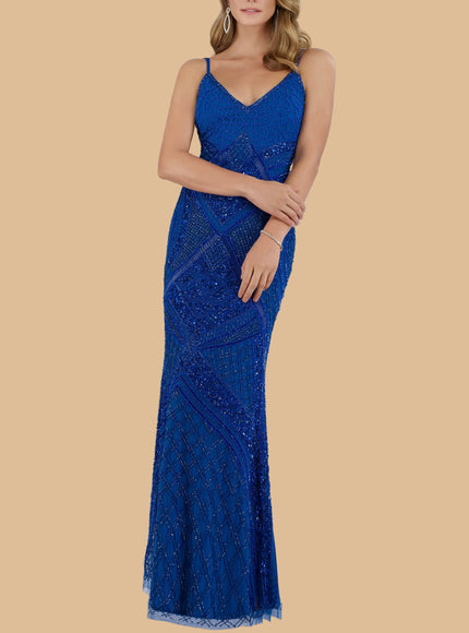 Plunging Neckline Spaghetti Strap Fitted Column Dress - Lara 29911 Royal Blue