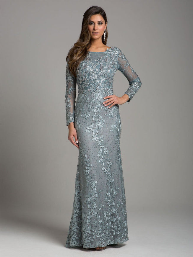 Lara 29924 - Long Sleeve Lace Dress With Lace Appliques Silver Sage