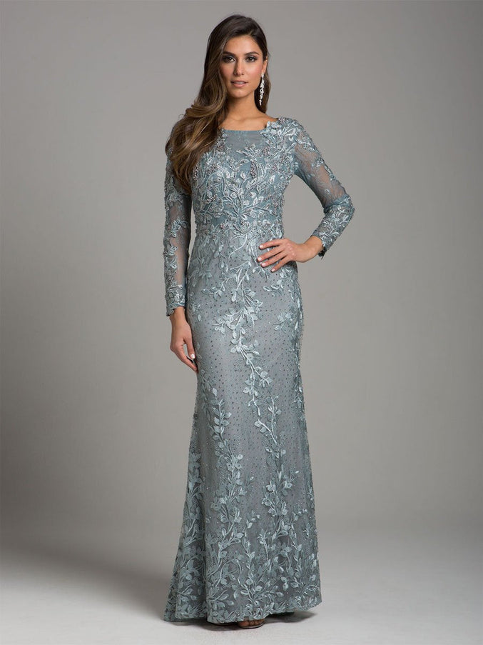 Lara New York 29924 Long Sleeve Lace Dress with Lace Appliques Silver Sage
