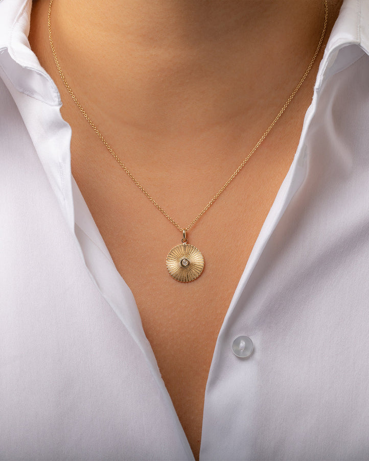 Zoe Lev 14K Gold Fluted Disc with Diamond Pendant