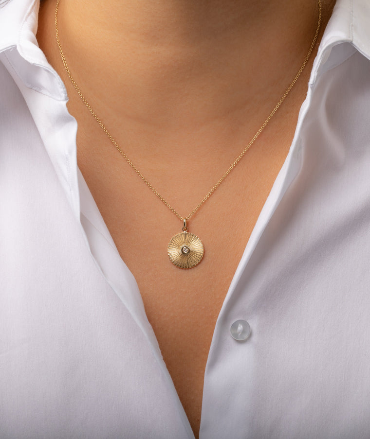 Zoe Lev 14K Gold Fluted Disc with Diamond Necklace
