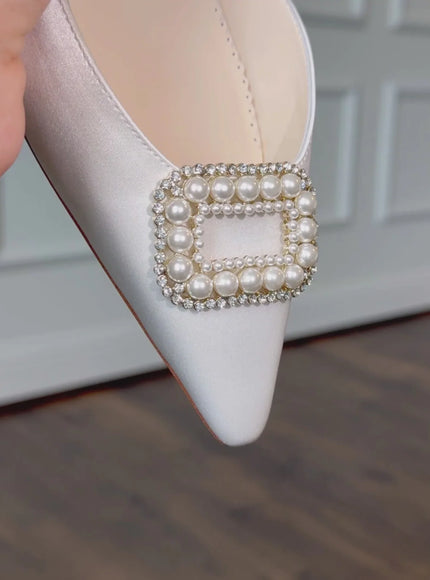 Bella Belle Andie Pearl Buckle Slingback Heels – Ivory Silk