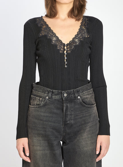 Self Portrait Lace Trim Knit Top Black
