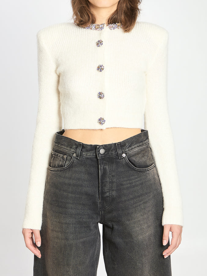 Self Portrait Embellished Trim Cardigan Cream