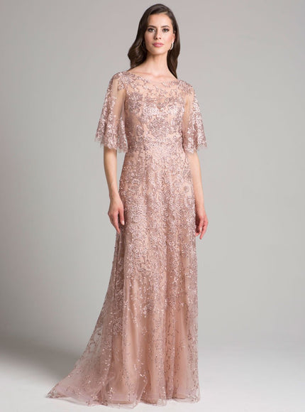 Lara Embroidered Lace A-Line Gown with Sheer Cape Sleeves Mauve