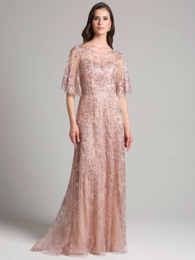 Lara Embroidered Lace A-Line Gown with Sheer Cape Sleeves Mauve