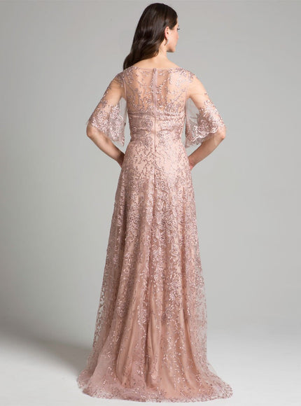 Lara Embroidered Lace A-Line Gown with Sheer Cape Sleeves