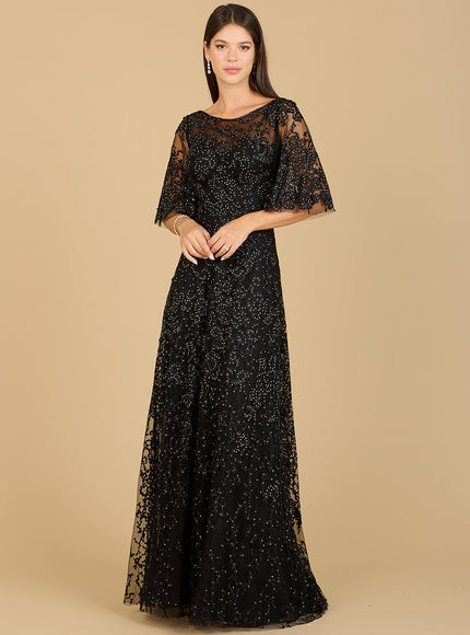 Lara Embroidered Lace A-Line Gown with Sheer Cape Sleeves Black