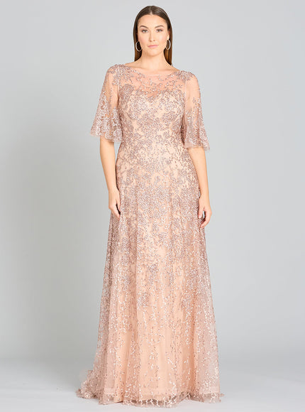 Lara Embroidered Lace A-Line Gown with Sheer Cape Sleeves