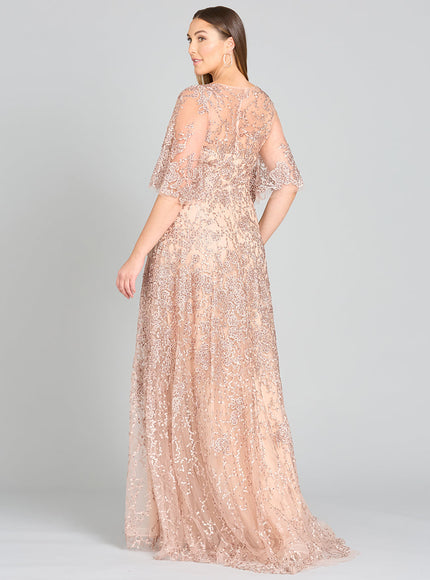 Lara Embroidered Lace A-Line Gown with Sheer Cape Sleeves