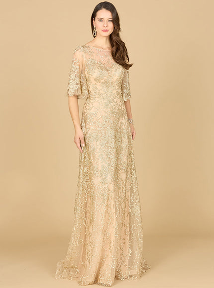 Lara Embroidered Lace A-Line Gown with Sheer Cape Sleeves Champagne