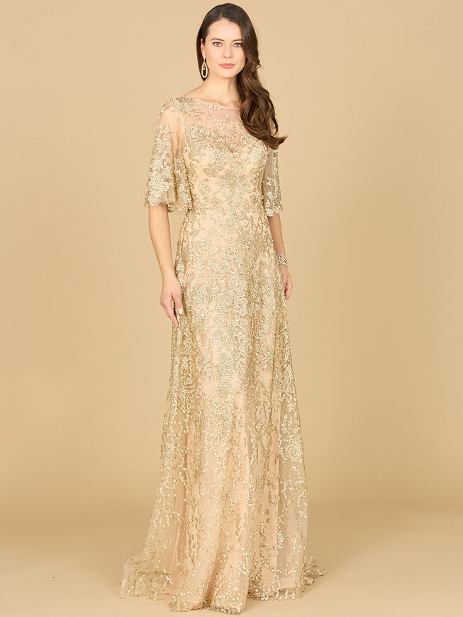 Lara Embroidered Lace A-Line Gown with Sheer Cape Sleeves Champagne