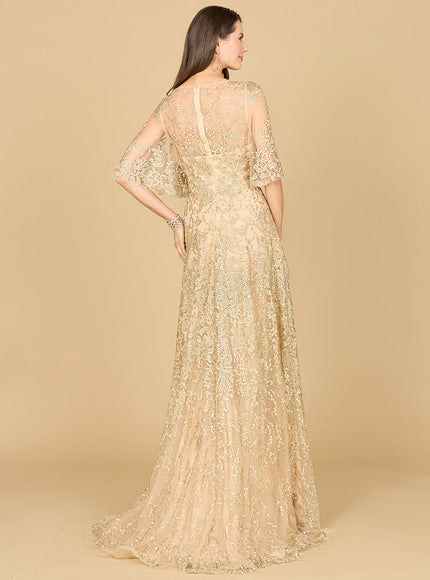 Lara Embroidered Lace A-Line Gown with Sheer Cape Sleeves
