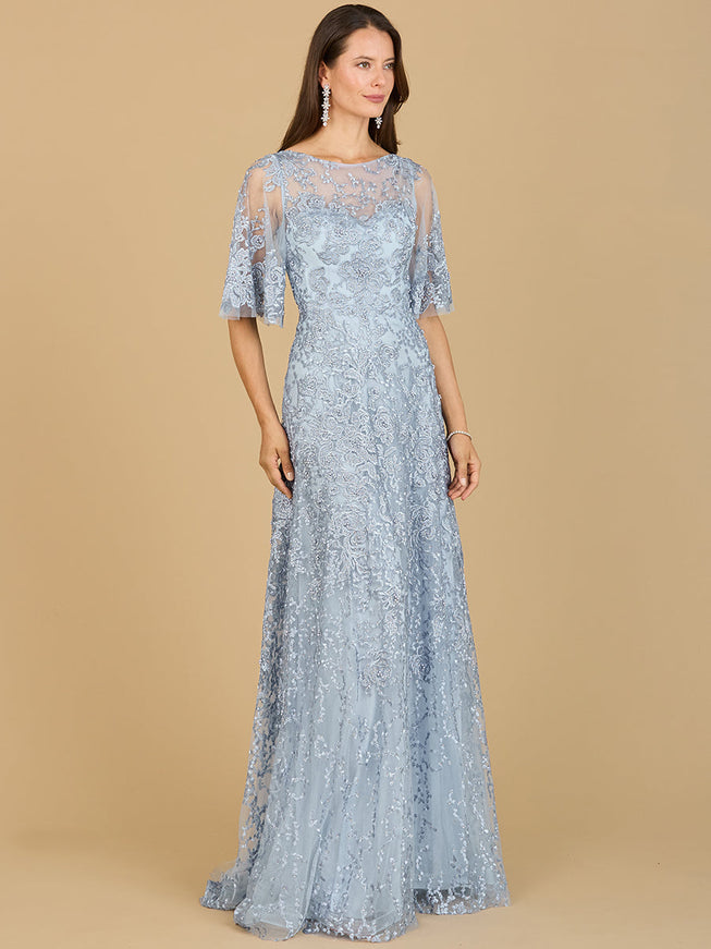 Lara Embroidered Lace A-Line Gown with Sheer Cape Sleeves Light Blue