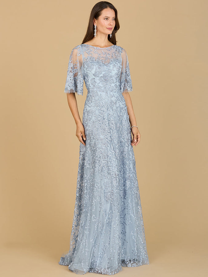 Lara Embroidered Lace A-Line Gown with Sheer Cape Sleeves Light Blue