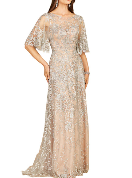 Lara Embroidered Lace A-Line Gown with Sheer Cape Sleeves Silver