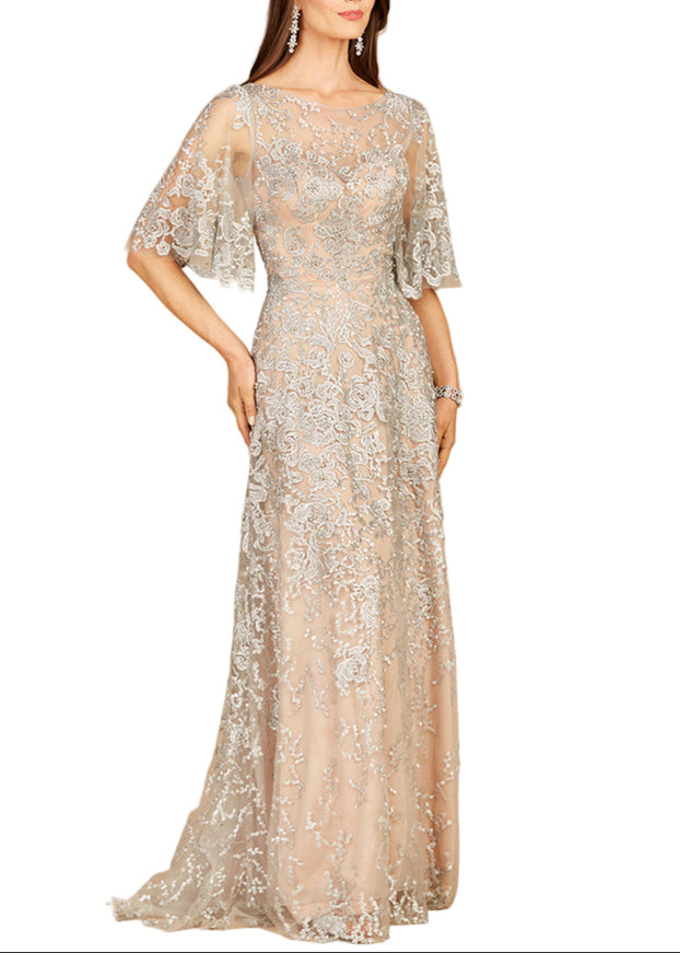 Lara Embroidered Lace A-Line Gown with Sheer Cape Sleeves Silver