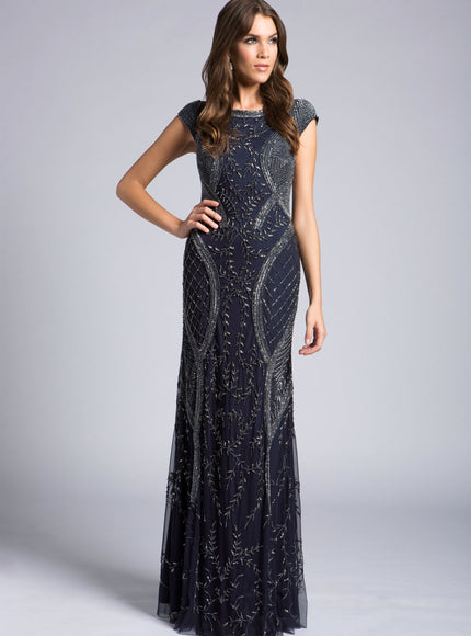 Lara 33609 - Cap Sleeve Modestly Covered Dress Navy