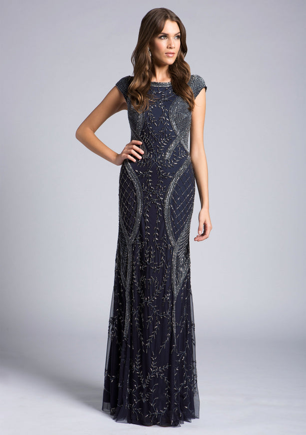 Lara 33609 - Cap Sleeve Modestly Covered Dress Navy