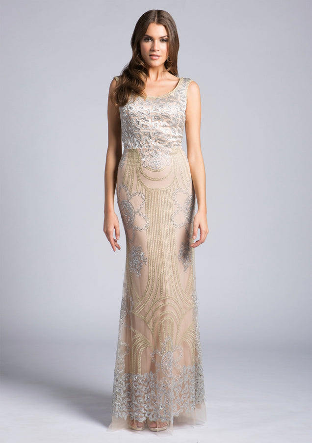 Lara New York 33622 Lace Beaded Gown Silver Nude