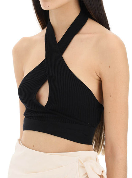 MSGM ribbed knit top with crossover neckline